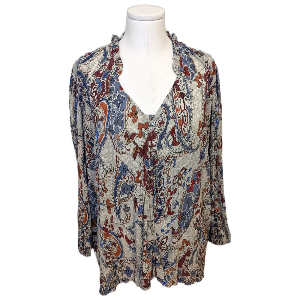 Reitmans Womens Boho Textured Paisley Blouse Western Long Sleeve Office XXL